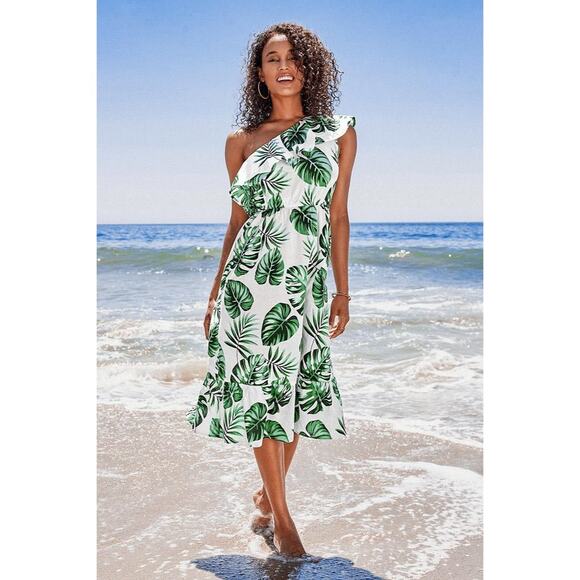 Cupshe Other - Cupshe Tropical One Shoulder Cotton Ruffle Leaf Print Midi Coverup Dress XS